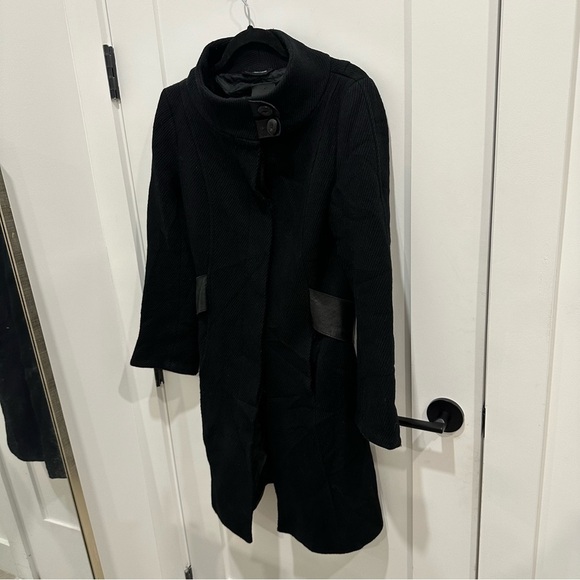 MACKAGE VINTAGE COAT WOOL LEATHER TRIM BELTED JACKET BLACK SIZE PS - Picture 3 of 14